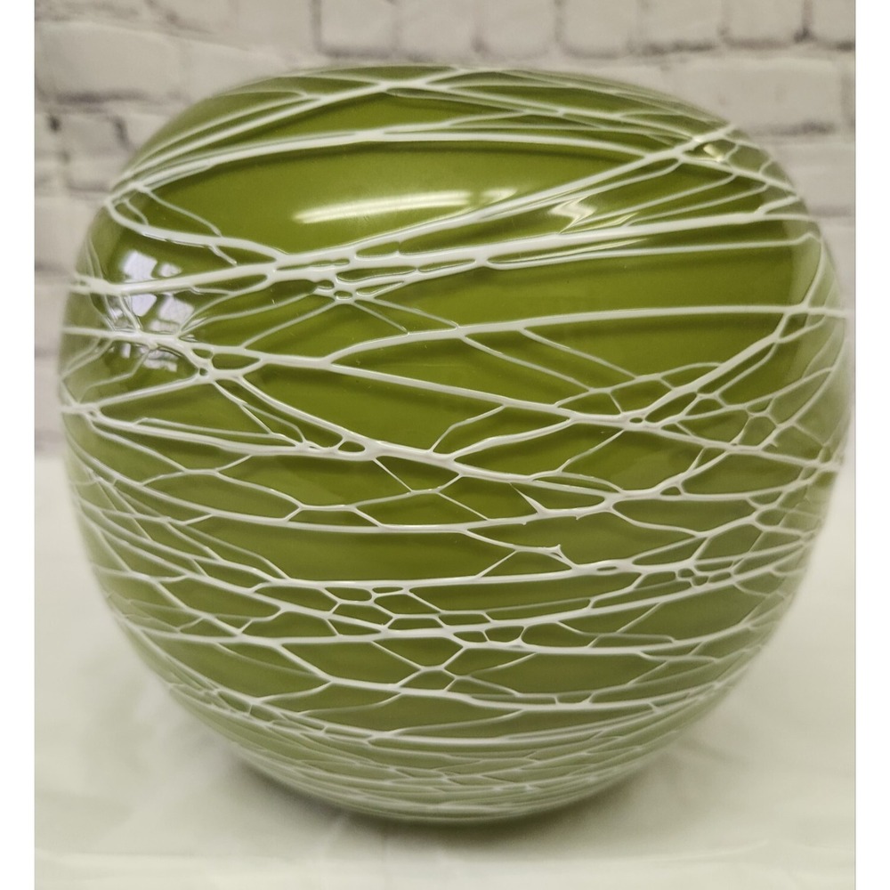 Stunning Blackhawk European Handblown Glass White String Green Vase Art Deco